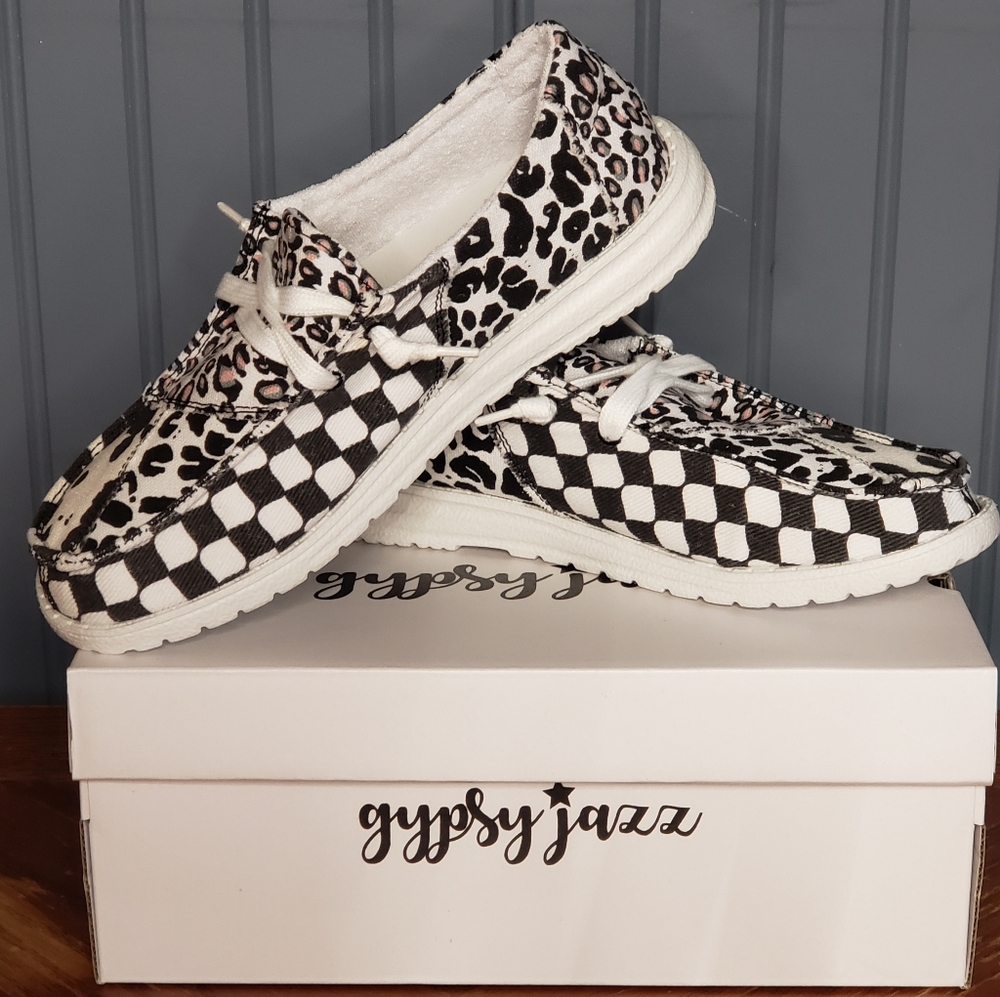 Gypsy Jazz Groovy Slip On Leopard Cow Check Design